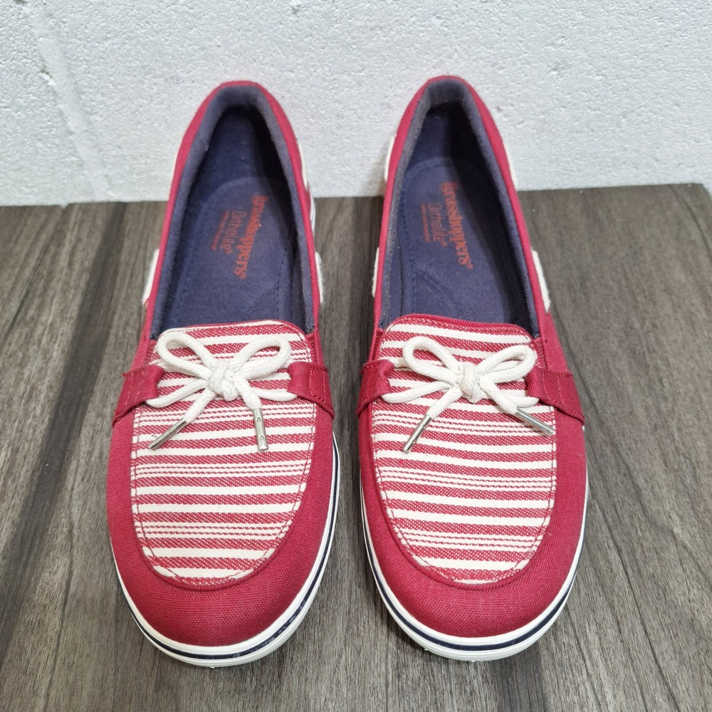 Grasshoppers Womens 7.5M Red Striped Canvas Boat Shoes Ortholite Loafers EF57889